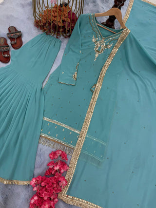 Sky Blue Heavy Faux Georgette Embroidered Suit Set with Rivet Moti Work & Mirror Lace Dupatta ClothsVilla