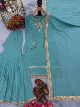 Sky Blue Heavy Faux Georgette Embroidered Suit Set with Rivet Moti Work & Mirror Lace Dupatta ClothsVilla