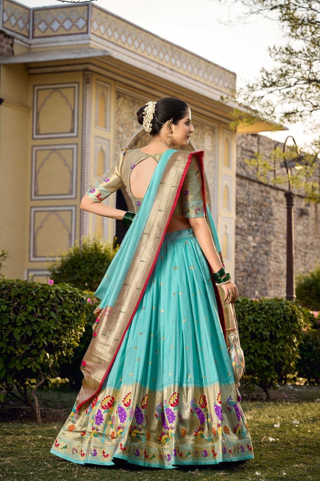 Sky Blue Jacquard Silk Paithani Lehenga Choli ClothsVilla