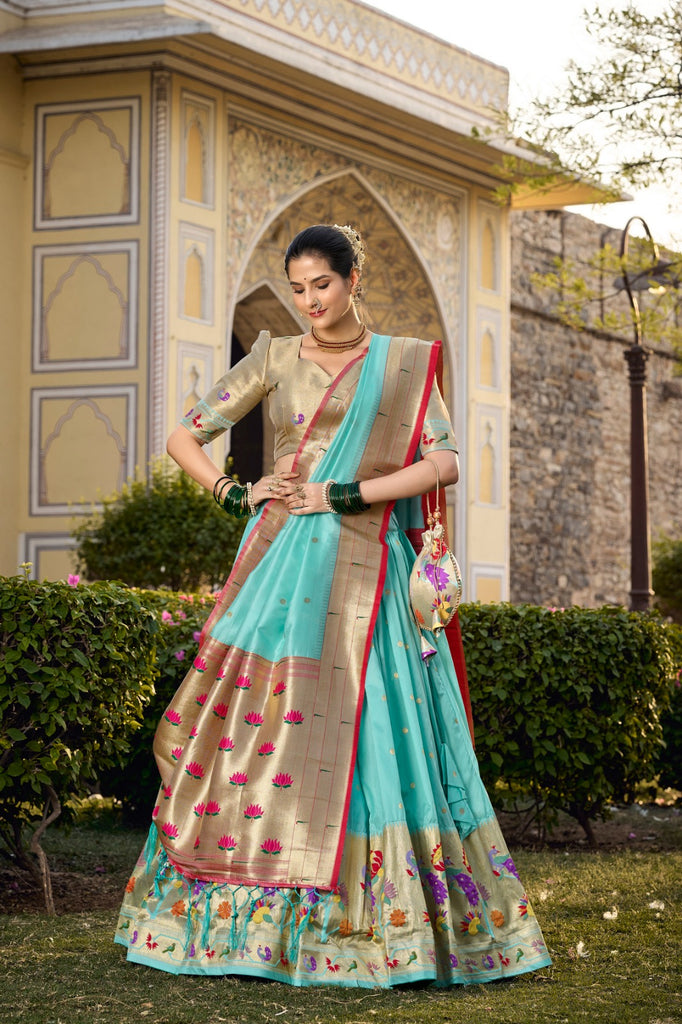 Sky Blue Jacquard Silk Paithani Lehenga Choli ClothsVilla