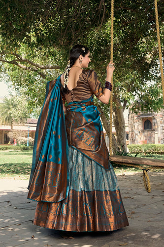 Sky Blue Jacquard Silk Pattu Lehenga Choli with Zari Weaving ClothsVilla