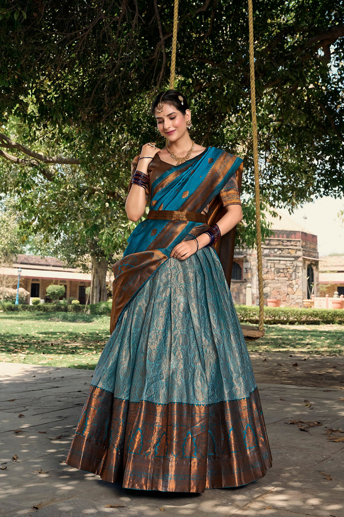 Sky Blue Jacquard Silk Pattu Lehenga Choli with Zari Weaving ClothsVilla