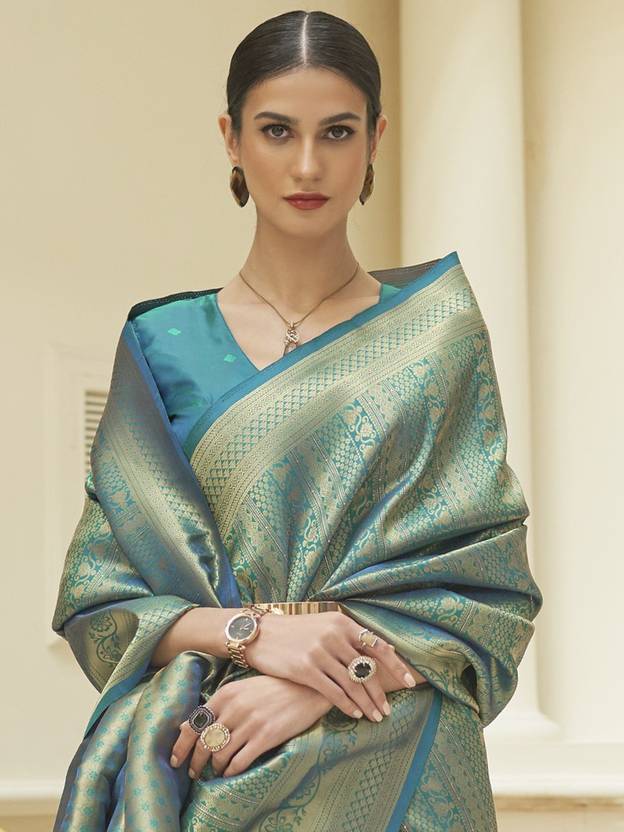 Sky Blue Kanjivaram Silk Saree with Sequins Zari ClothsVilla