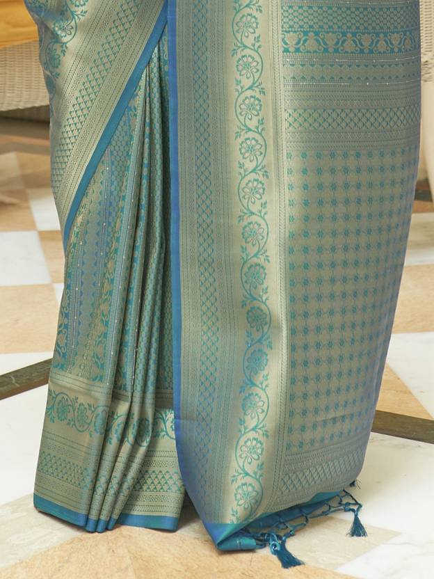 Sky Blue Kanjivaram Silk Saree with Sequins Zari ClothsVilla