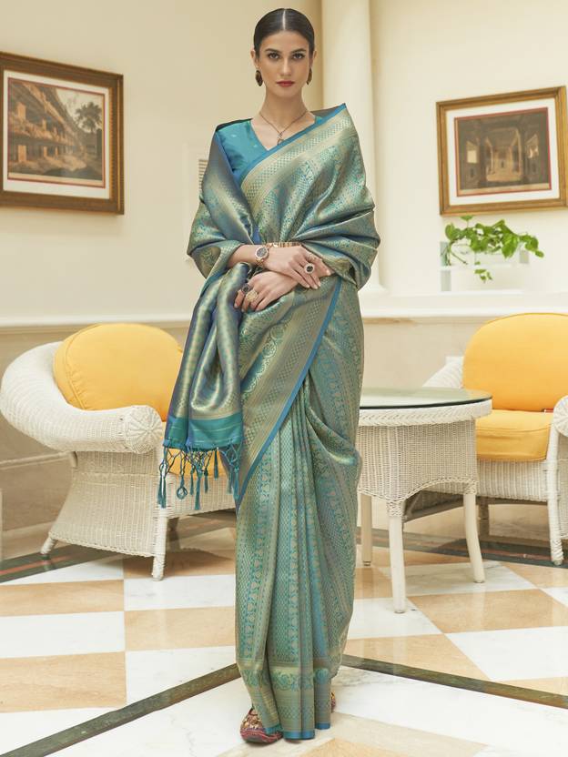Sky Blue Kanjivaram Silk Saree with Sequins Zari ClothsVilla Main image