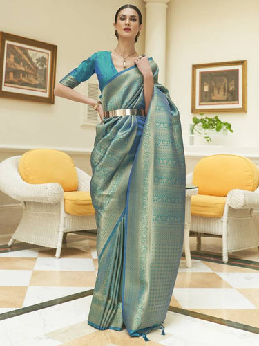 Sky Blue Kanjivaram Silk Saree with Sequins Zari ClothsVilla