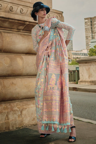 Sky Blue Kashmiri Satin Organza Handloom Weaving Saree with Unstitched Blouse ClothsVilla