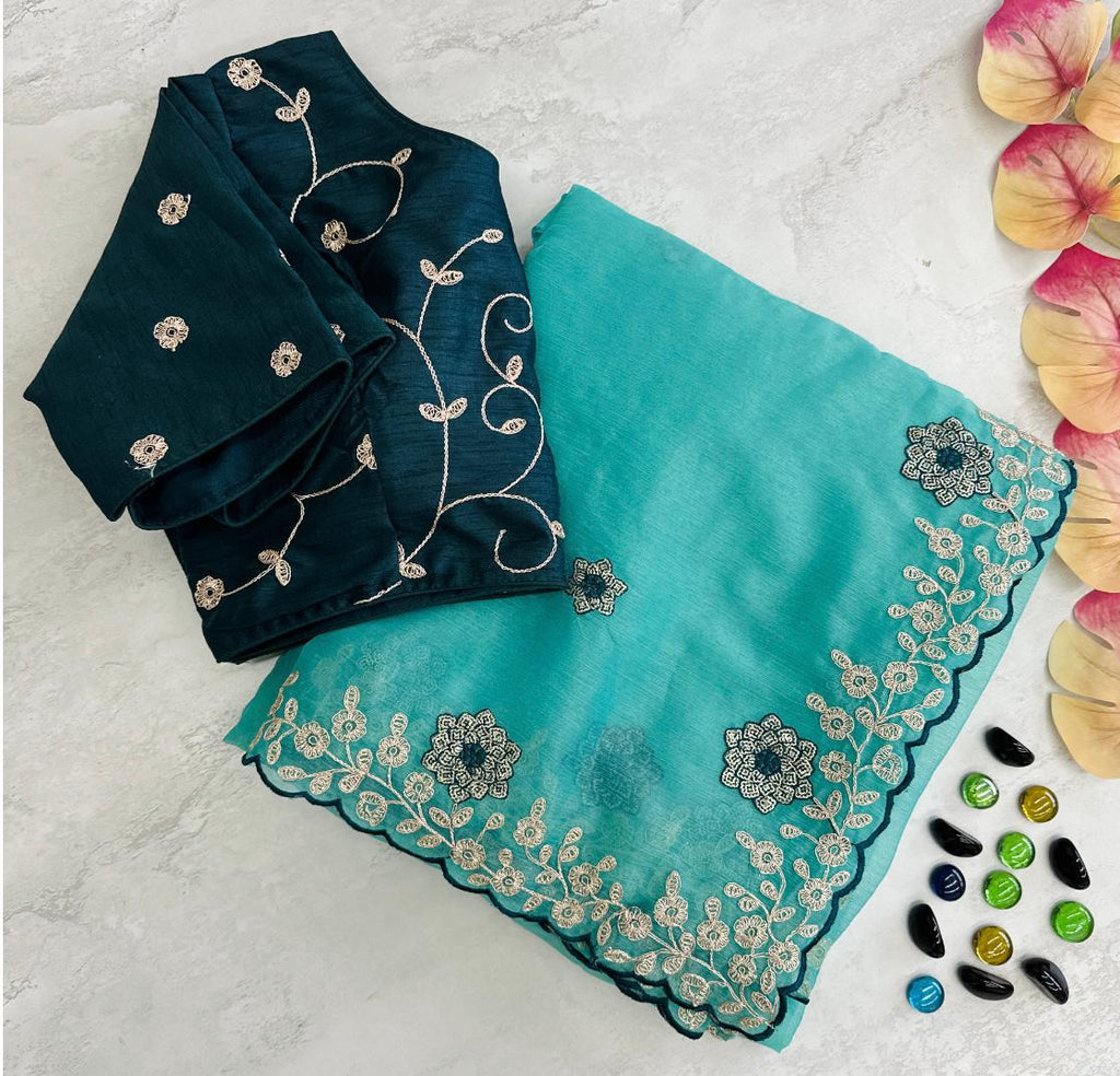 Sky Blue Kasoli Silk Saree with Beautiful Embroidery and Contrast Thread Work ClothsVilla