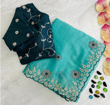 Load image into Gallery viewer, Sky Blue Kasoli Silk Saree with Beautiful Embroidery and Contrast Thread Work ClothsVilla