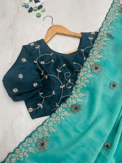 Sky Blue Kasoli Silk Saree with Beautiful Embroidery and Contrast Thread Work ClothsVilla Main image