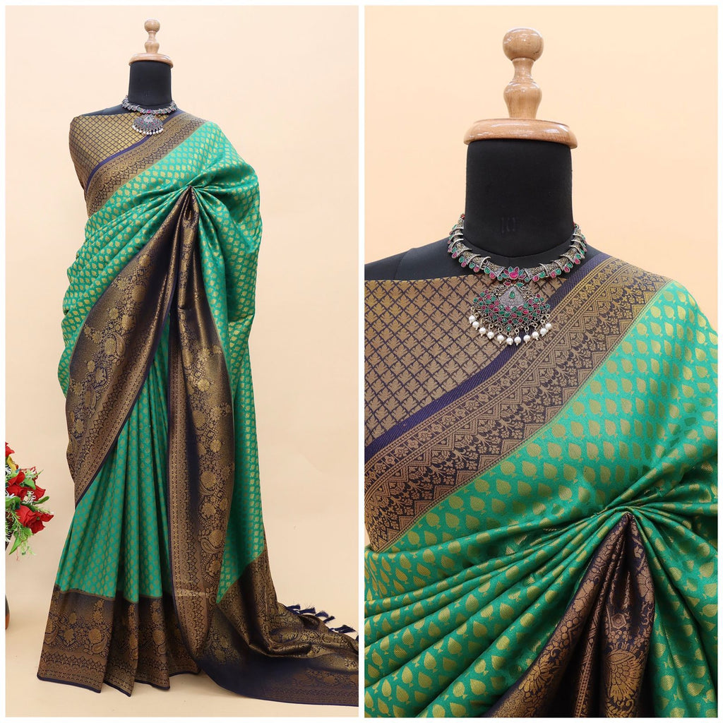 Sky Blue Kuber Soft Silk Saree with Exquisite Golden Jari Work & Matching Blouse ClothsVilla