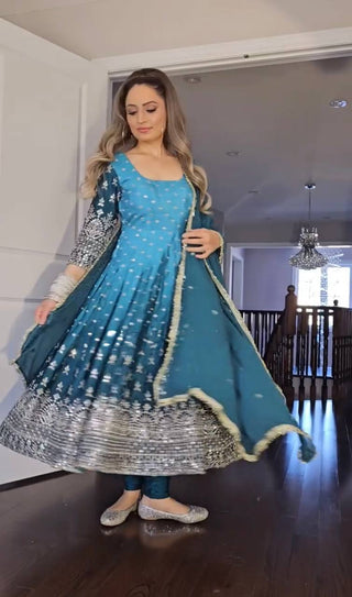 Sky Blue legant Dual-Tone Chinon Silk Anarkali Gown Set – Embroidered Party Wear