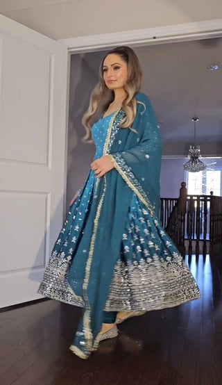 Sky Blue legant Dual-Tone Chinon Silk Anarkali Gown Set – Embroidered Party Wear