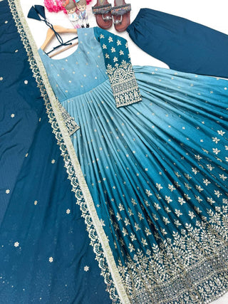 Sky Blue legant Dual-Tone Chinon Silk Anarkali Gown Set – Embroidered Party Wear