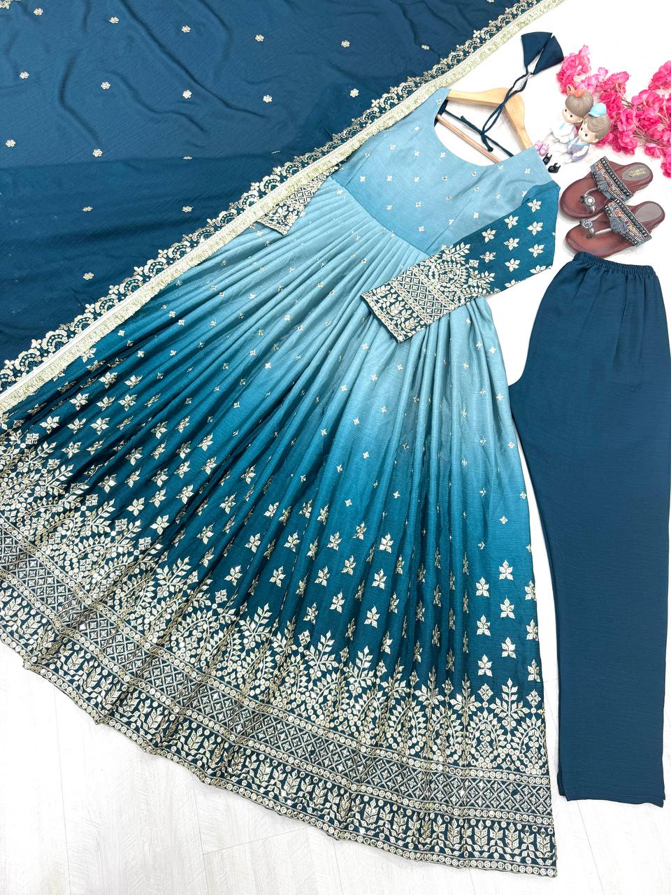Sky Blue legant Dual-Tone Chinon Silk Anarkali Gown Set – Embroidered Party Wear