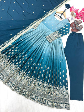 Sky Blue legant Dual-Tone Chinon Silk Anarkali Gown Set – Embroidered Party Wear