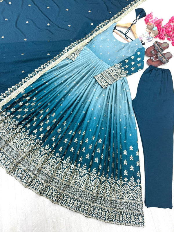 Sky Blue legant Dual-Tone Chinon Silk Anarkali Gown Set – Embroidered Party Wear