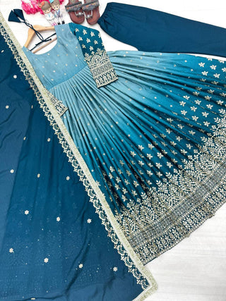 Sky Blue legant Dual-Tone Chinon Silk Anarkali Gown Set – Embroidered Party Wear
