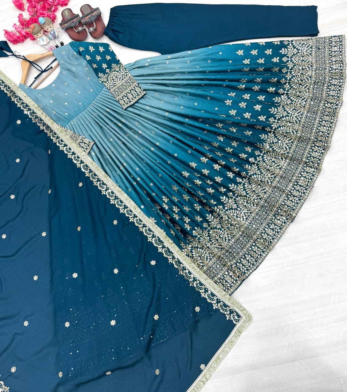 Sky Blue legant Dual-Tone Chinon Silk Anarkali Gown Set – Embroidered Party Wear