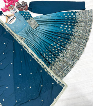 Sky Blue legant Dual-Tone Chinon Silk Anarkali Gown Set – Embroidered Party Wear