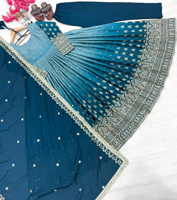 Sky Blue legant Dual-Tone Chinon Silk Anarkali Gown Set – Embroidered Party Wear