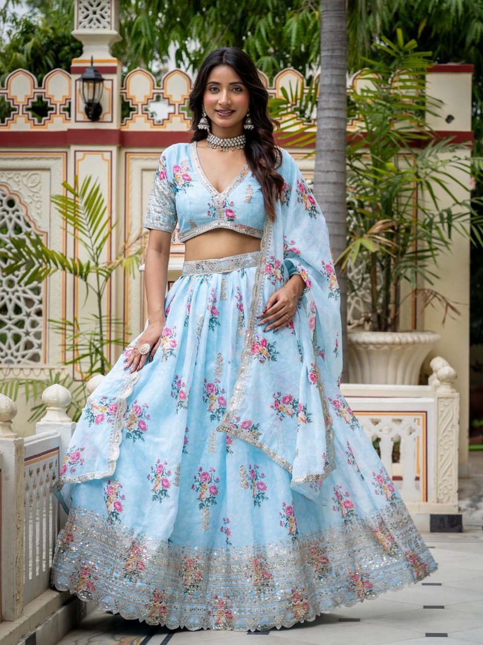 Sky Blue Lehenga Choli with Digital Print ClothsVilla