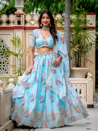 Sky Blue Lehenga Choli with Digital Print ClothsVilla