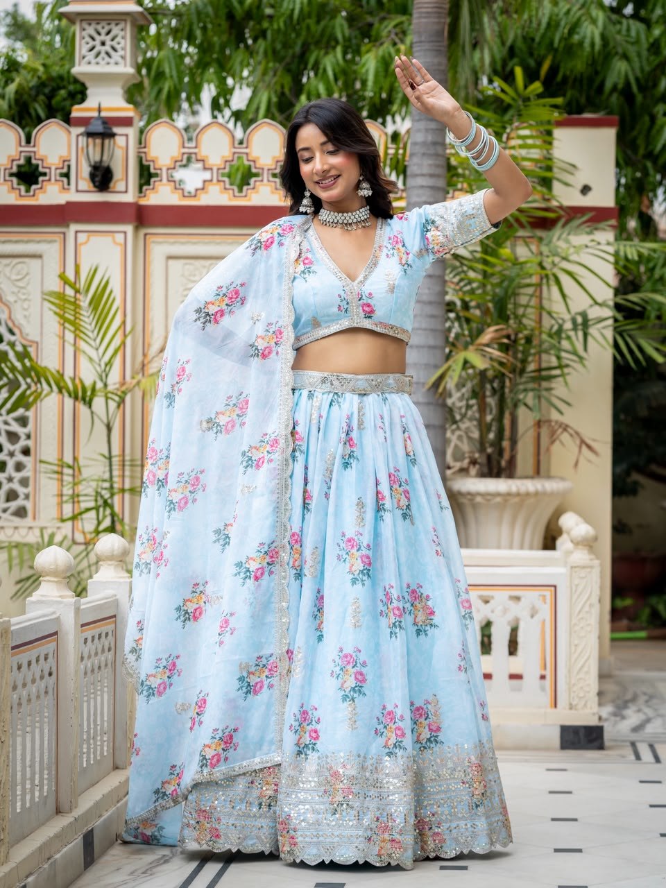 Sky Blue Lehenga Choli with Digital Print ClothsVilla