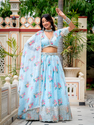 Sky Blue Lehenga Choli with Digital Print ClothsVilla