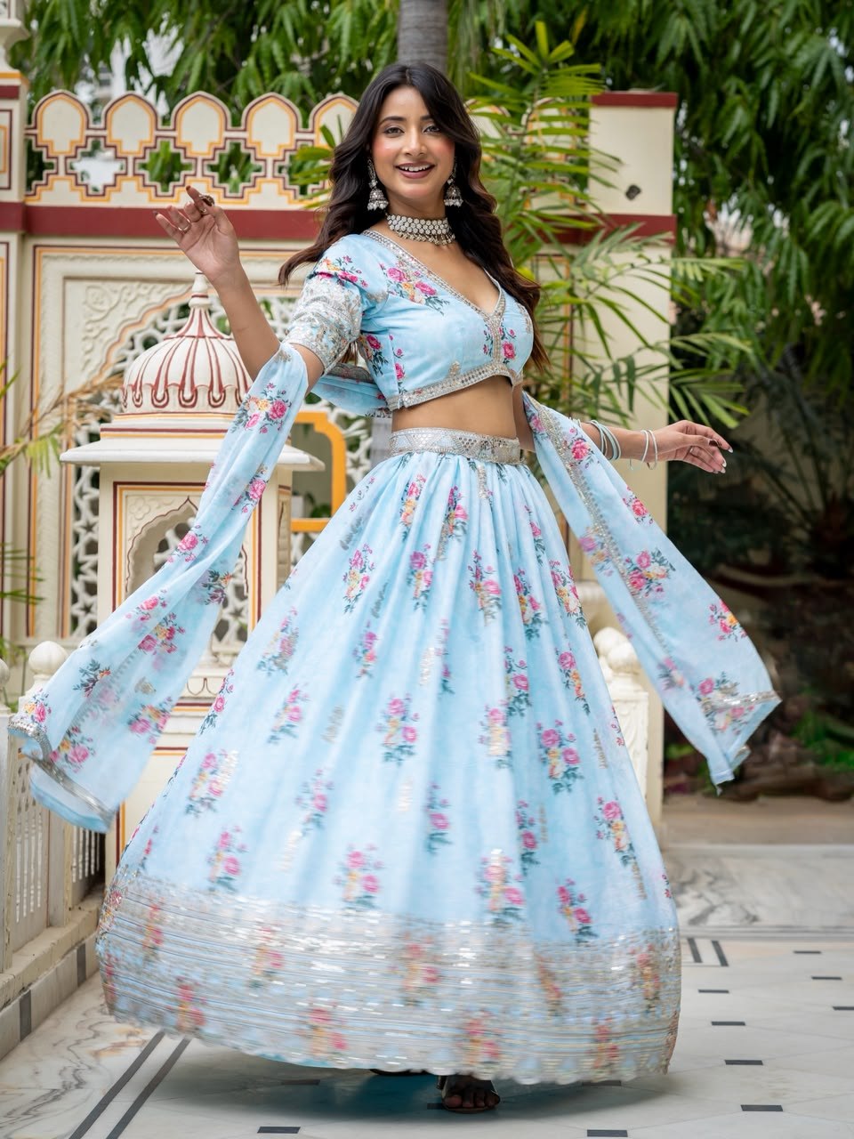 Sky Blue Lehenga Choli with Digital Print ClothsVilla