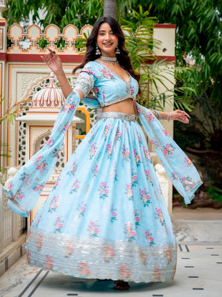 Sky Blue Lehenga Choli with Digital Print ClothsVilla
