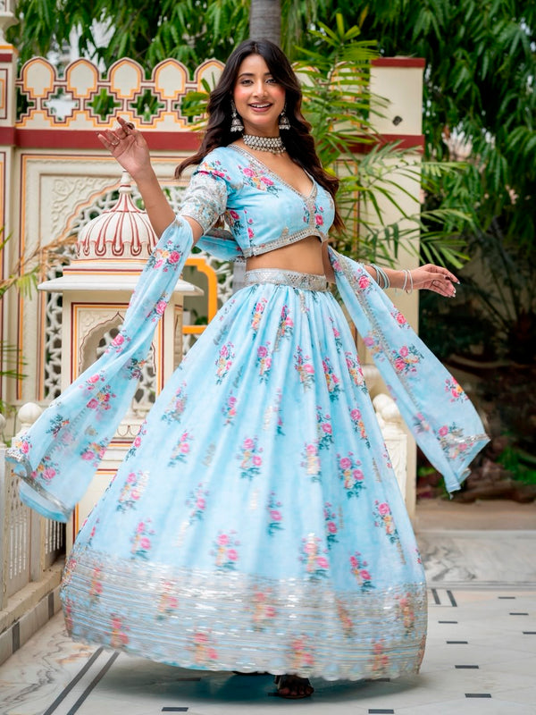 Sky Blue Lehenga Choli with Digital Print ClothsVilla