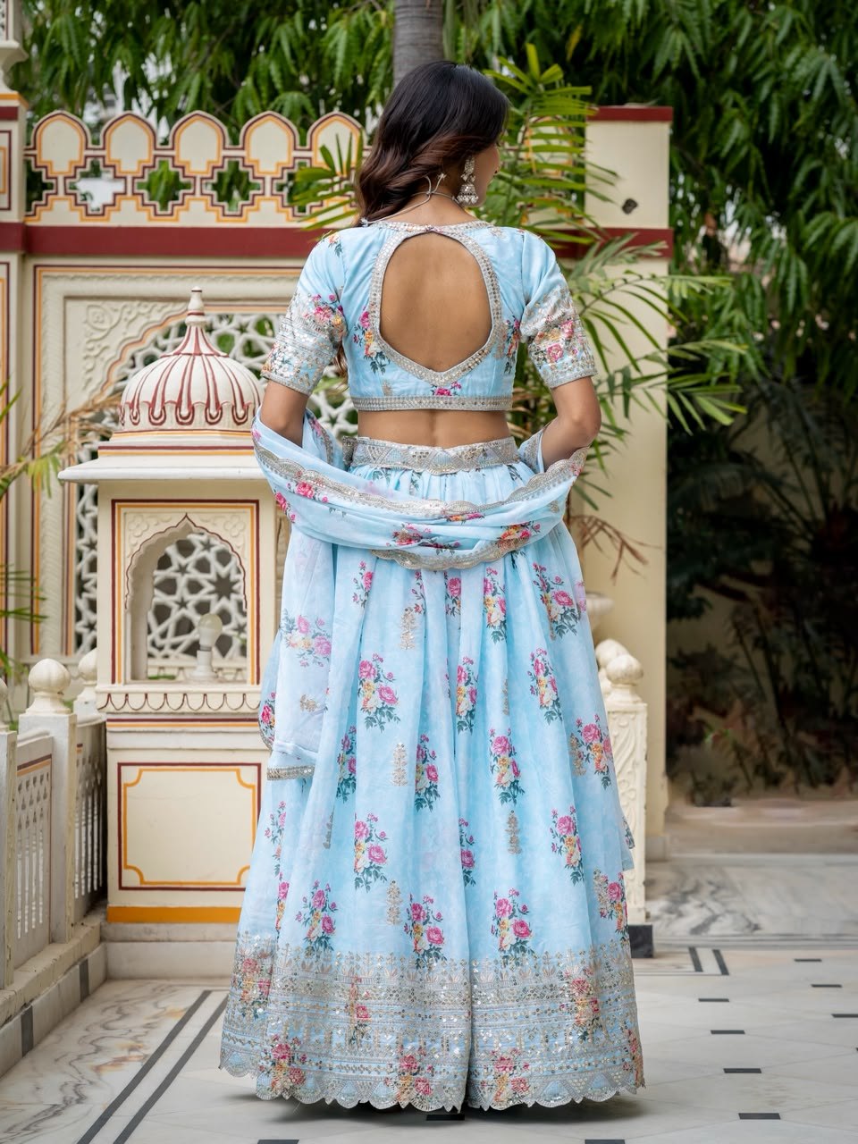 Sky Blue Lehenga Choli with Digital Print ClothsVilla