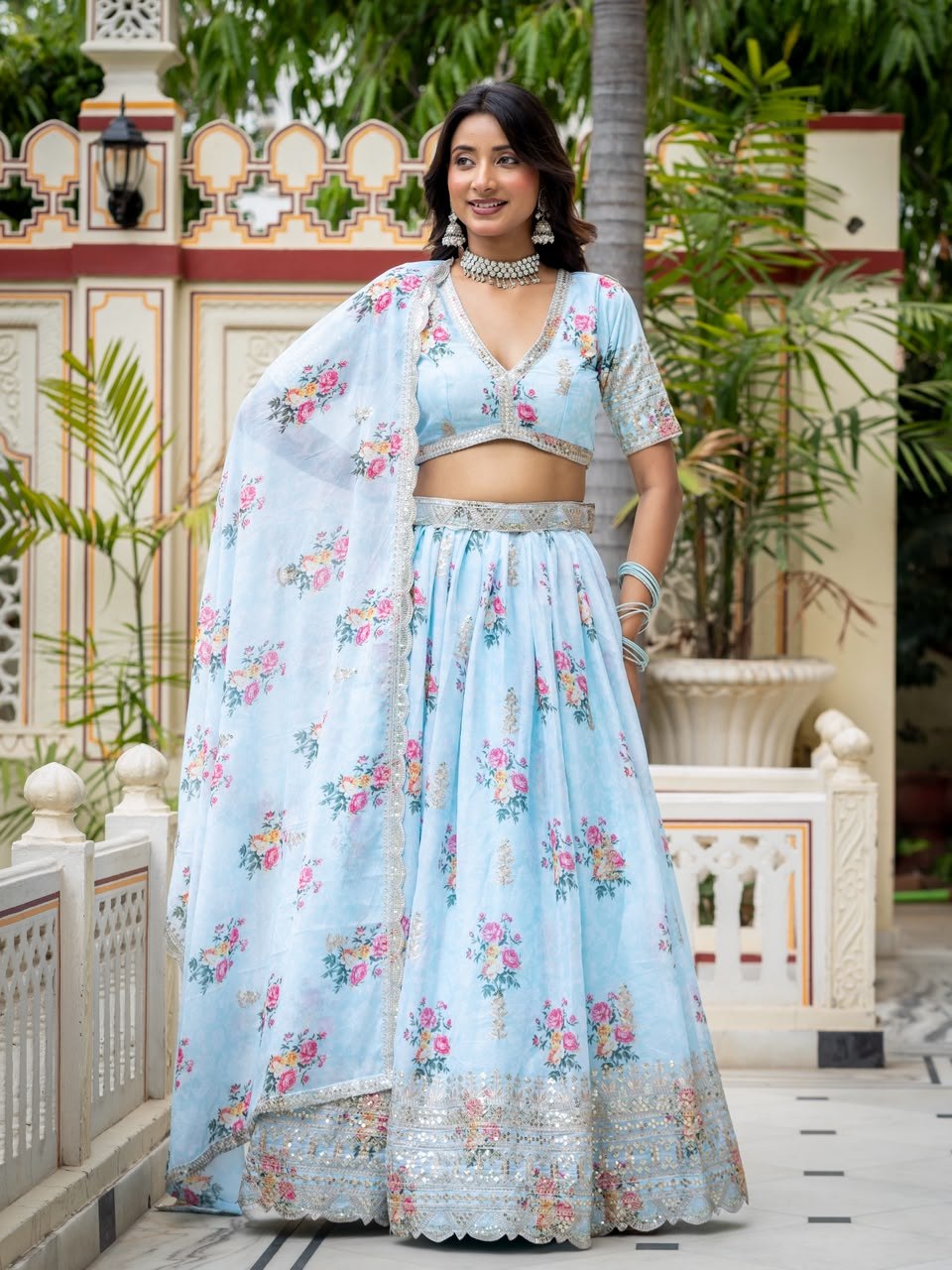 Sky Blue Lehenga Choli with Digital Print ClothsVilla