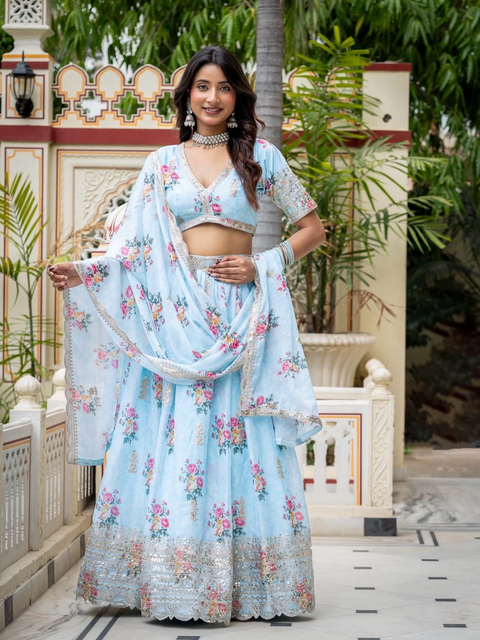 Sky Blue Lehenga Choli with Digital Print ClothsVilla