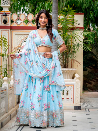 Sky Blue Lehenga Choli with Digital Print ClothsVilla