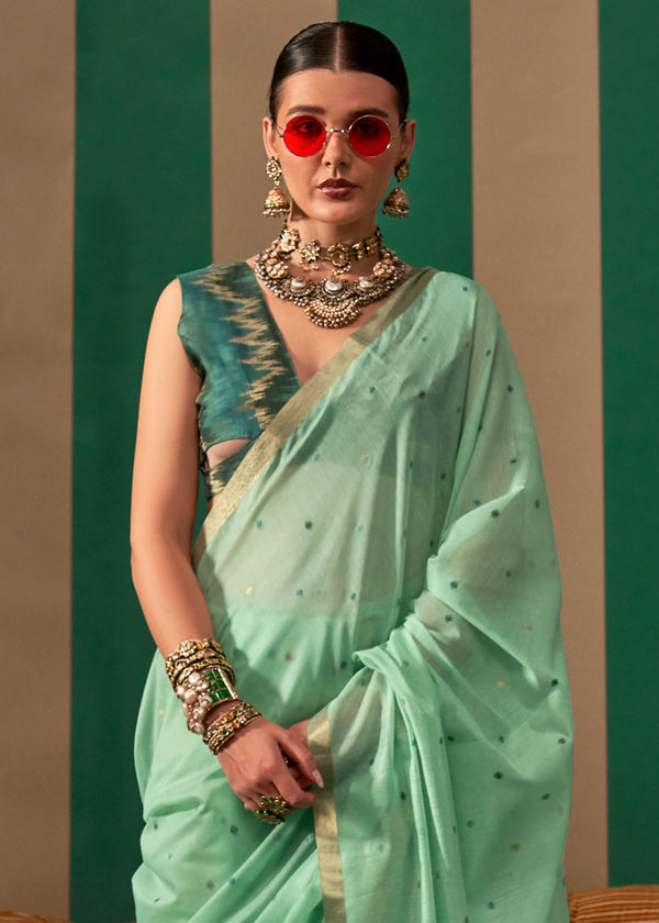 Sky Blue Lustrous Spun Silk Saree with Cotton Blend ClothsVilla