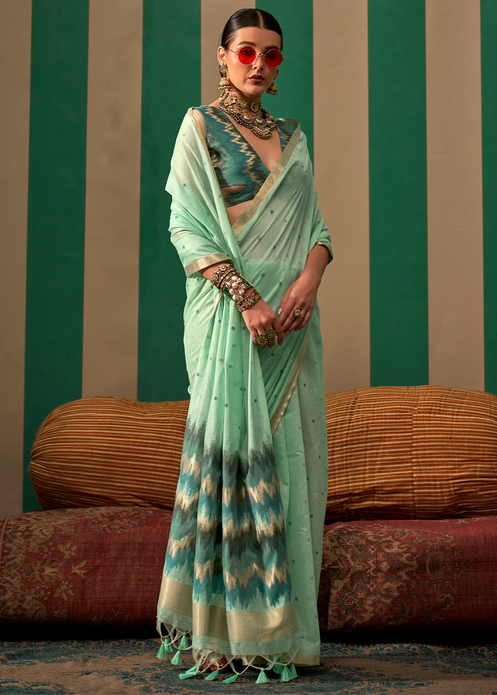 Sky Blue Lustrous Spun Silk Saree with Cotton Blend Secondary image