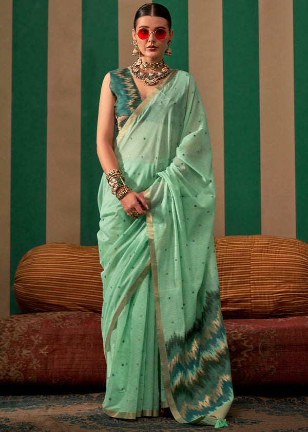 Sky Blue Lustrous Spun Silk Saree with Cotton Blend ClothsVilla