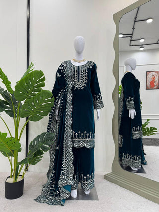 Sky Blue Luxurious Viscose Velvet Plazo Set with Embroidered Dupatta Clothsvilla
