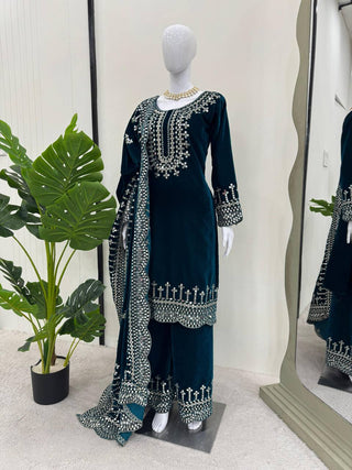 Sky Blue Luxurious Viscose Velvet Plazo Set with Embroidered Dupatta Clothsvilla