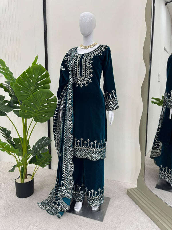 Sky Blue Luxurious Viscose Velvet Plazo Set with Embroidered Dupatta Clothsvilla