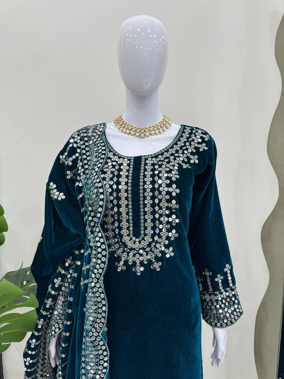 Sky Blue Luxurious Viscose Velvet Plazo Set with Embroidered Dupatta Clothsvilla