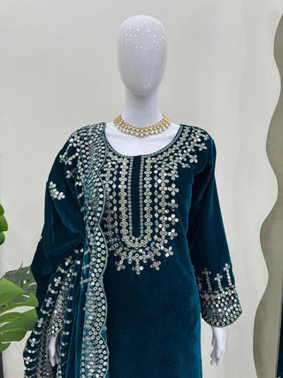 Sky Blue Luxurious Viscose Velvet Plazo Set with Embroidered Dupatta Clothsvilla