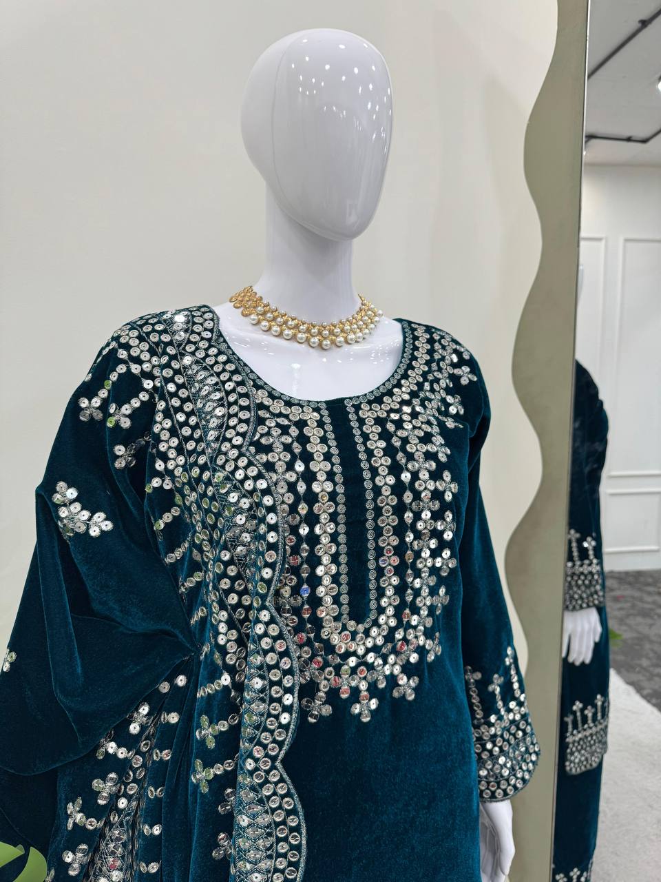 Sky Blue Luxurious Viscose Velvet Plazo Set with Embroidered Dupatta Clothsvilla