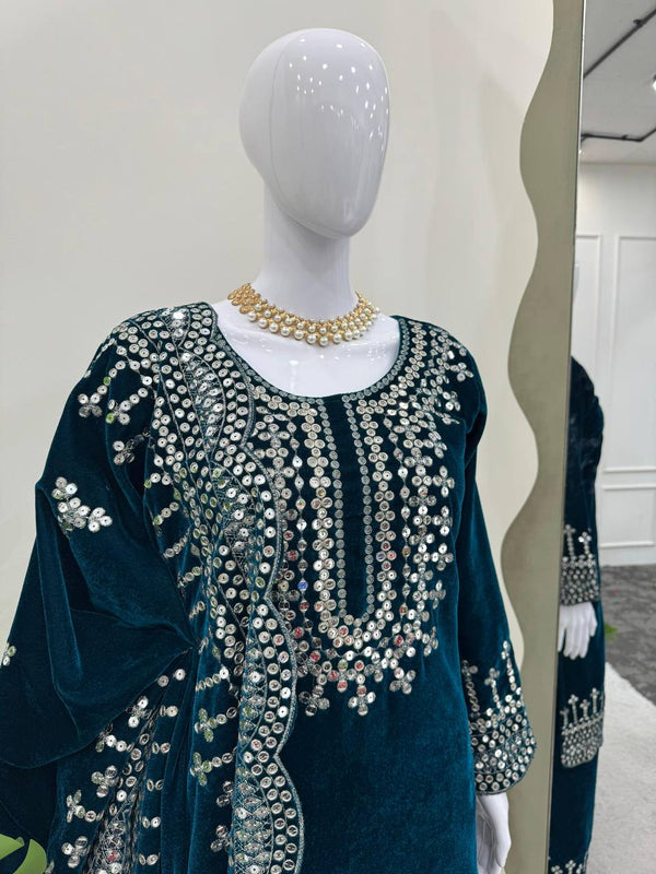 Sky Blue Luxurious Viscose Velvet Plazo Set with Embroidered Dupatta Clothsvilla