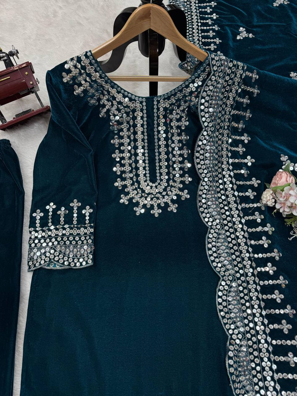 Sky Blue Luxurious Viscose Velvet Plazo Set with Embroidered Dupatta Clothsvilla