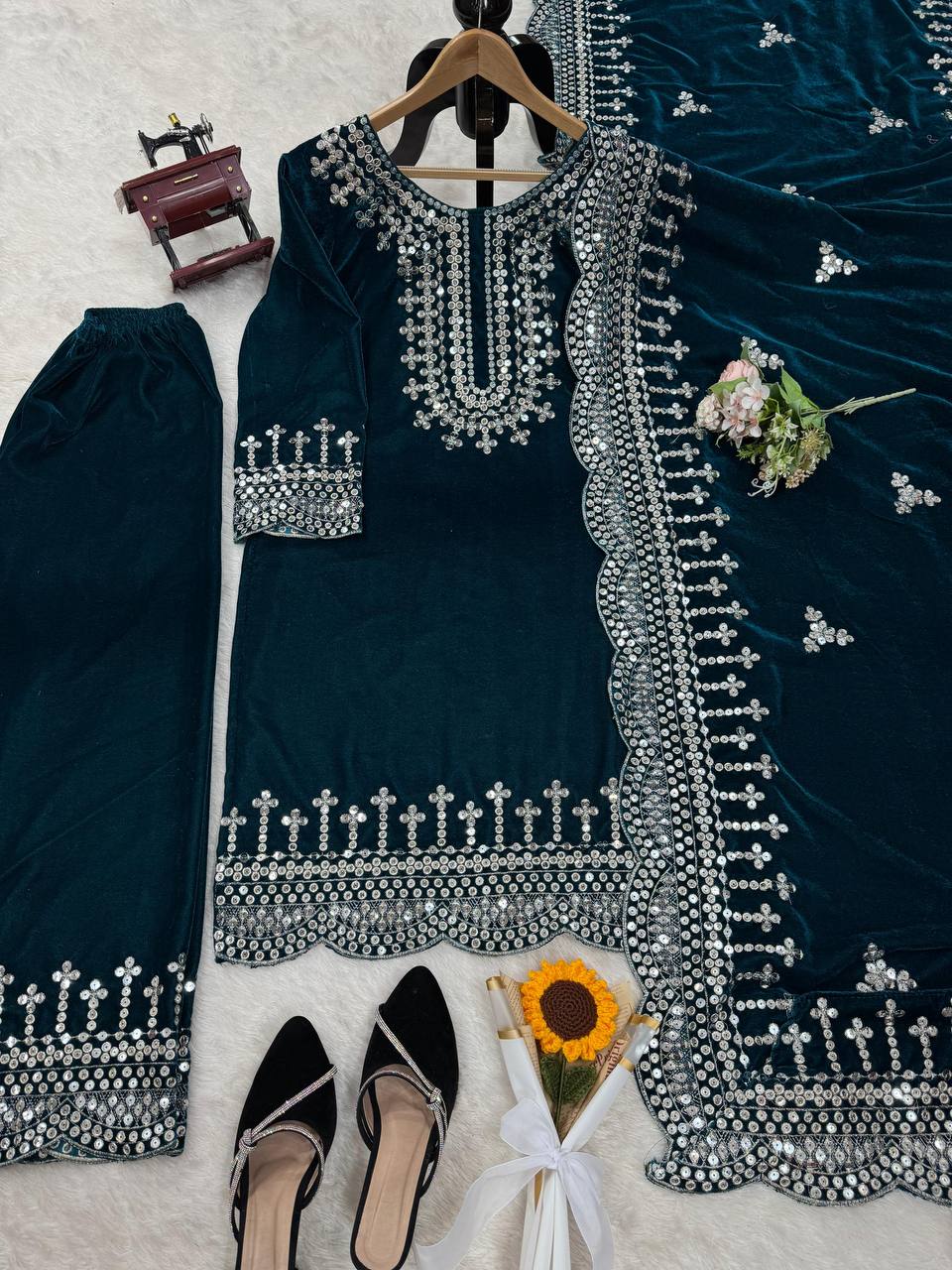 Sky Blue Luxurious Viscose Velvet Plazo Set with Embroidered Dupatta Clothsvilla