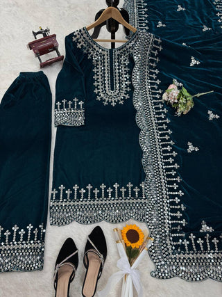 Sky Blue Luxurious Viscose Velvet Plazo Set with Embroidered Dupatta Clothsvilla