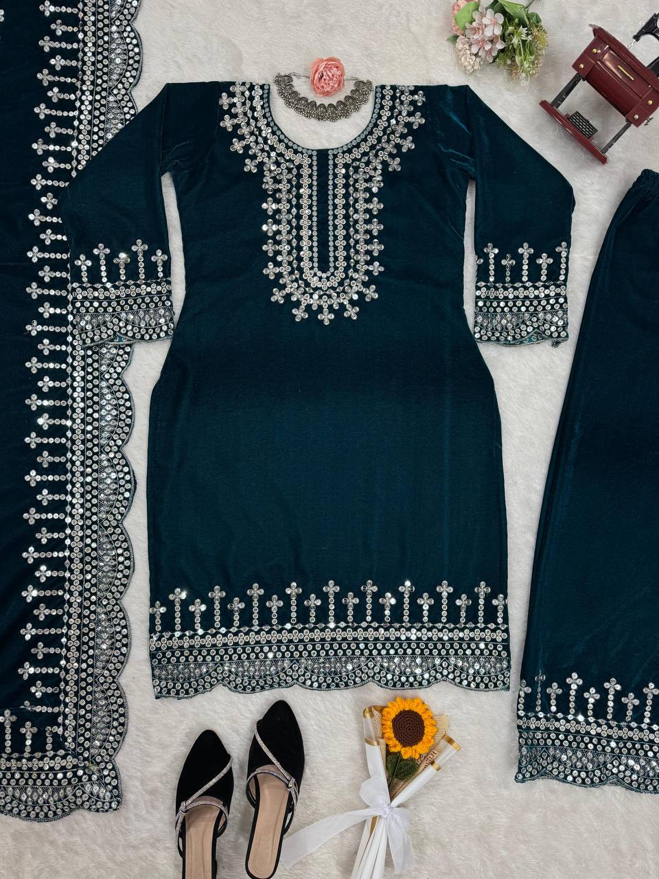 Sky Blue Luxurious Viscose Velvet Plazo Set with Embroidered Dupatta Clothsvilla
